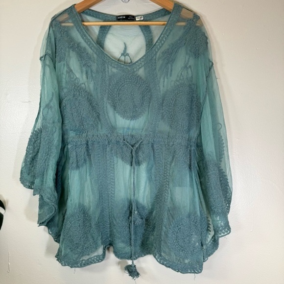 Sheer mesh lace boho blouse embroidered blue batwing sleeve OS loose fit SP230 - Picture 2 of 14